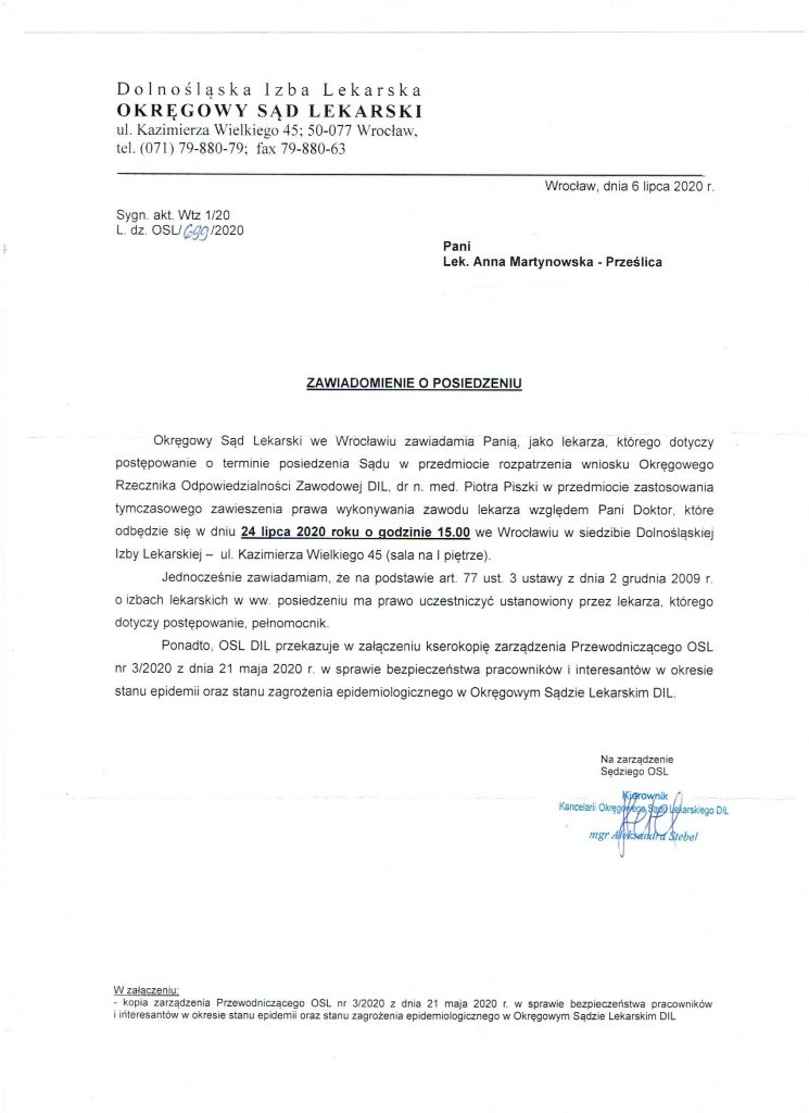 24 lipca o 15 Okręgowy Sąd Lekarski we Wrocławiu: posiedzenie ws. lekarki, która podważyła oficjalną narrację o pandemii sad nad lekarka 24 03 2020