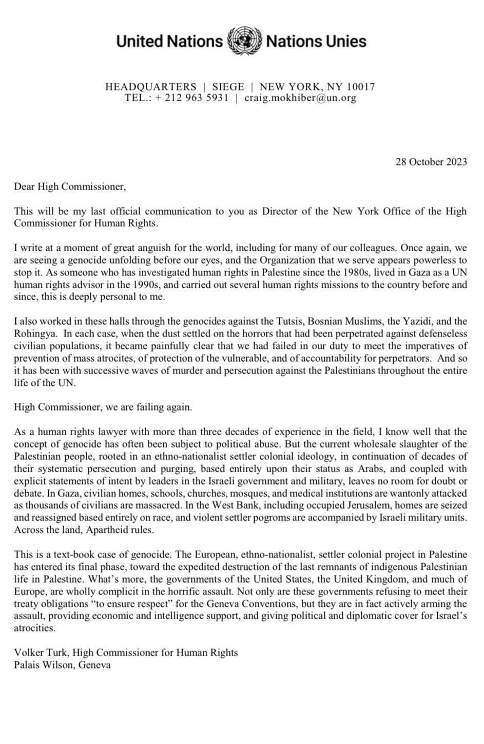 28.10.2023r. Rezygnacja komisarza ONZ ds. praw człowieka [EN]. Przyczyna - bezsilność ws. ludobójstwa w Gazie Letter of Resign UN Commissioner for Human Rights